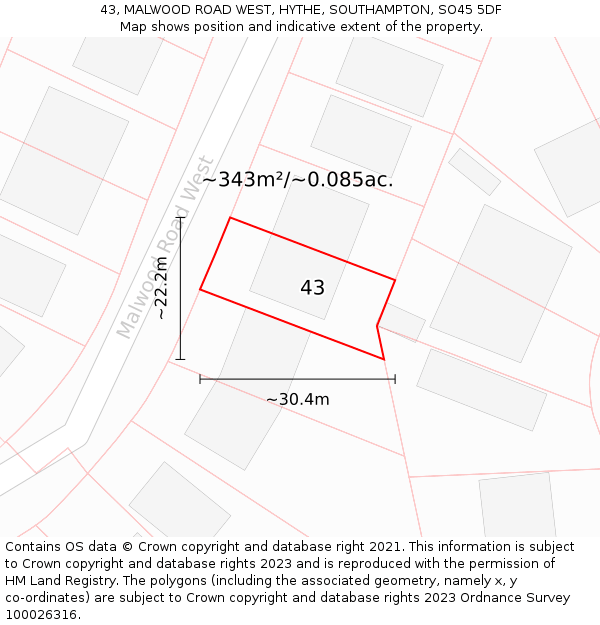 43, MALWOOD ROAD WEST, HYTHE, SOUTHAMPTON, SO45 5DF: Plot and title map