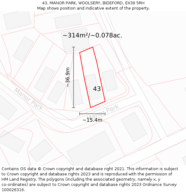 43, MANOR PARK, WOOLSERY, BIDEFORD, EX39 5RH: Plot and title map