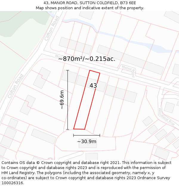 43, MANOR ROAD, SUTTON COLDFIELD, B73 6EE: Plot and title map