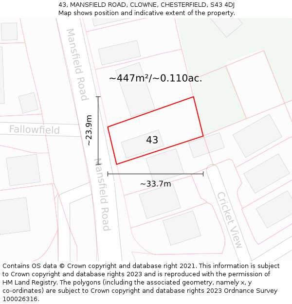 43, MANSFIELD ROAD, CLOWNE, CHESTERFIELD, S43 4DJ: Plot and title map