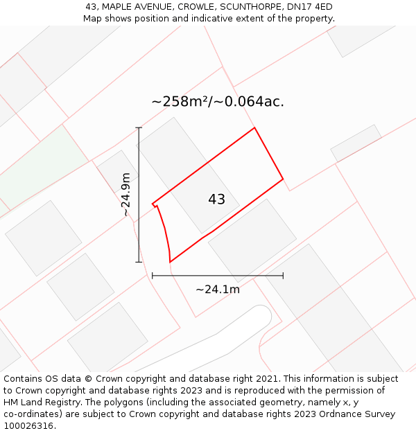 43, MAPLE AVENUE, CROWLE, SCUNTHORPE, DN17 4ED: Plot and title map