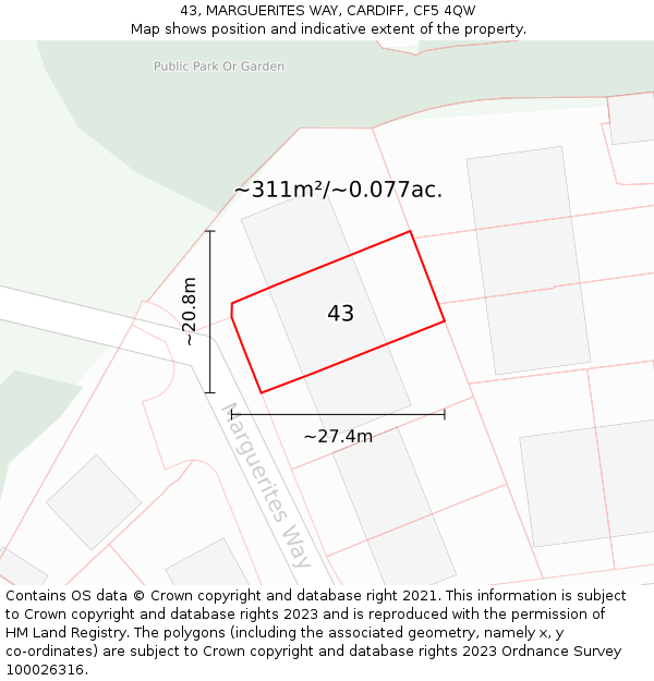 43, MARGUERITES WAY, CARDIFF, CF5 4QW: Plot and title map