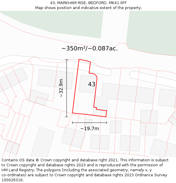 43, MARKHAM RISE, BEDFORD, MK41 0FF: Plot and title map