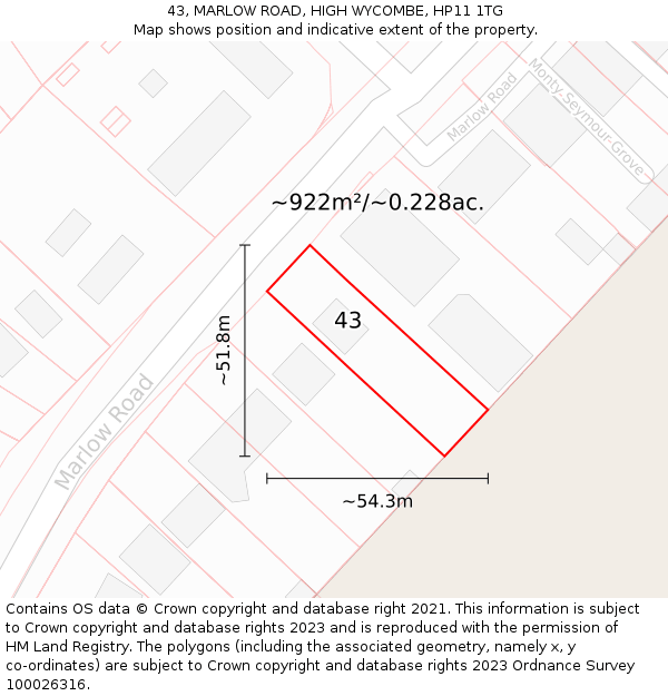 43, MARLOW ROAD, HIGH WYCOMBE, HP11 1TG: Plot and title map