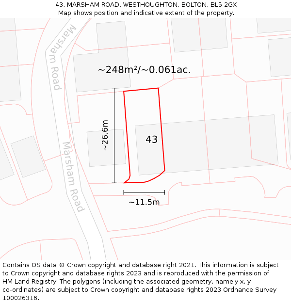 43, MARSHAM ROAD, WESTHOUGHTON, BOLTON, BL5 2GX: Plot and title map