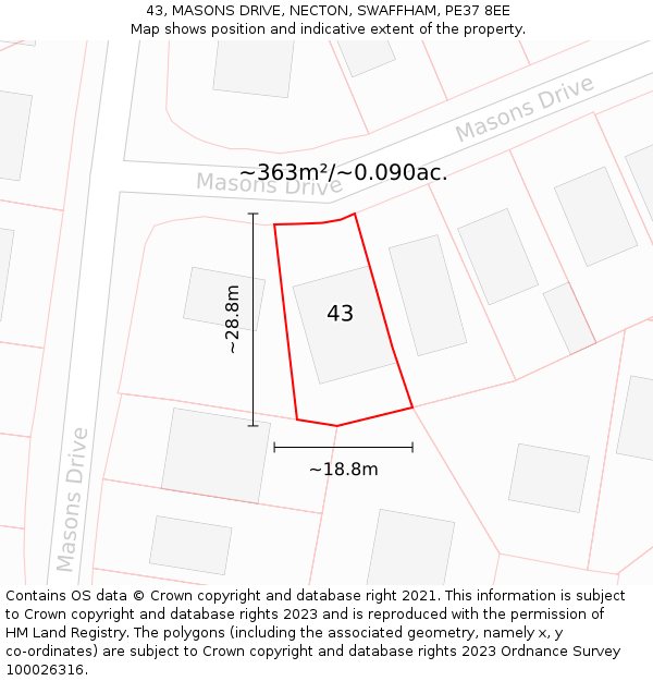 43, MASONS DRIVE, NECTON, SWAFFHAM, PE37 8EE: Plot and title map