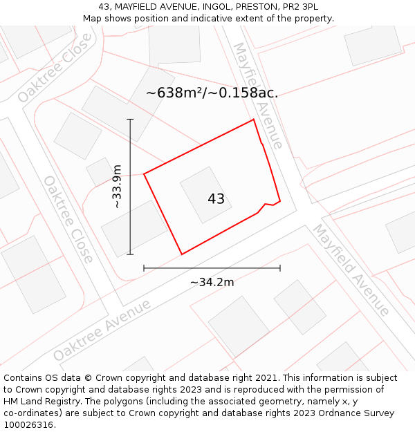 43, MAYFIELD AVENUE, INGOL, PRESTON, PR2 3PL: Plot and title map