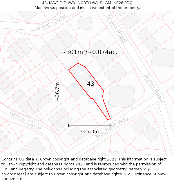 43, MAYFIELD WAY, NORTH WALSHAM, NR28 0DQ: Plot and title map