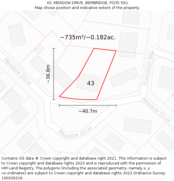 43, MEADOW DRIVE, BEMBRIDGE, PO35 5XU: Plot and title map