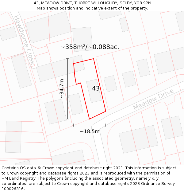 43, MEADOW DRIVE, THORPE WILLOUGHBY, SELBY, YO8 9PN: Plot and title map