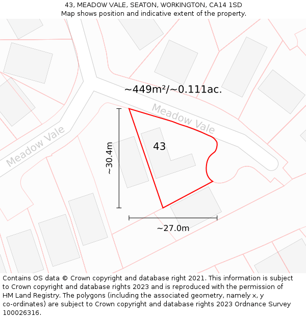 43, MEADOW VALE, SEATON, WORKINGTON, CA14 1SD: Plot and title map