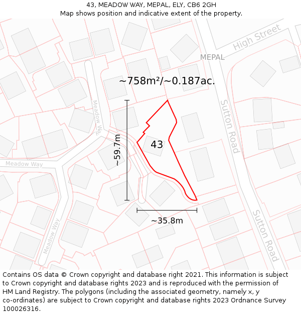 43, MEADOW WAY, MEPAL, ELY, CB6 2GH: Plot and title map