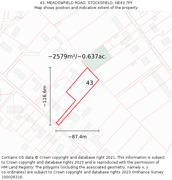 43, MEADOWFIELD ROAD, STOCKSFIELD, NE43 7PY: Plot and title map