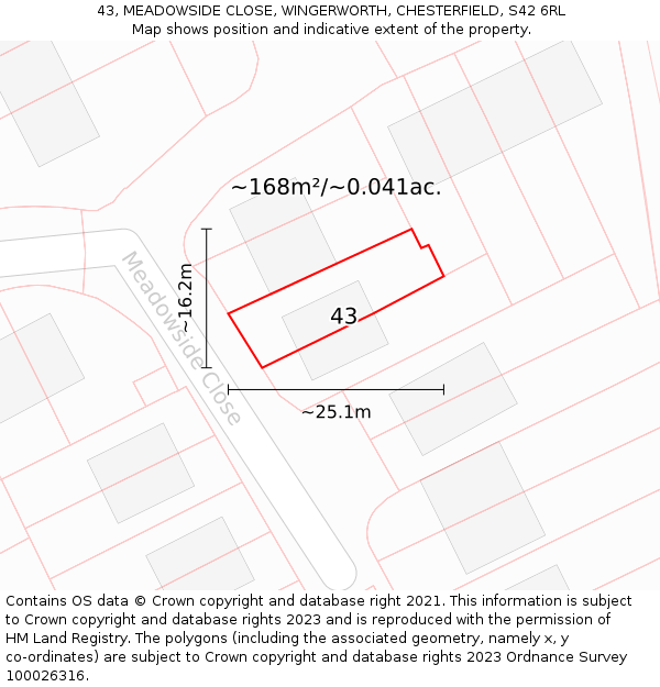 43, MEADOWSIDE CLOSE, WINGERWORTH, CHESTERFIELD, S42 6RL: Plot and title map