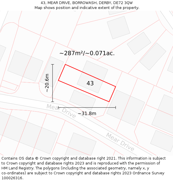 43, MEAR DRIVE, BORROWASH, DERBY, DE72 3QW: Plot and title map