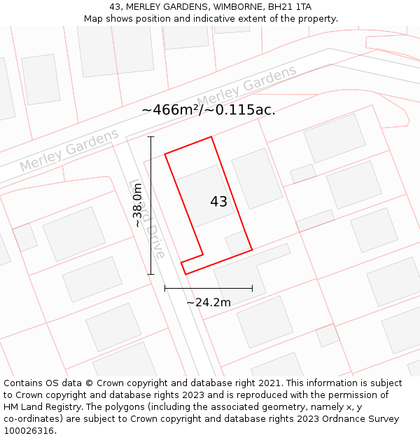 43, MERLEY GARDENS, WIMBORNE, BH21 1TA: Plot and title map