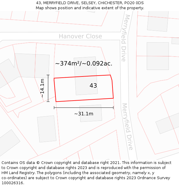43, MERRYFIELD DRIVE, SELSEY, CHICHESTER, PO20 0DS: Plot and title map