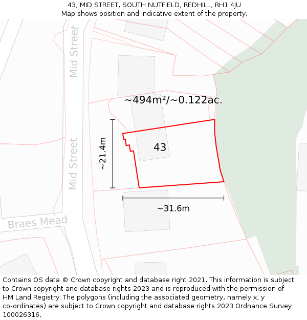 43, MID STREET, SOUTH NUTFIELD, REDHILL, RH1 4JU: Plot and title map