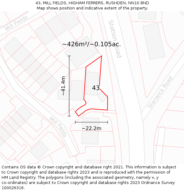 43, MILL FIELDS, HIGHAM FERRERS, RUSHDEN, NN10 8ND: Plot and title map