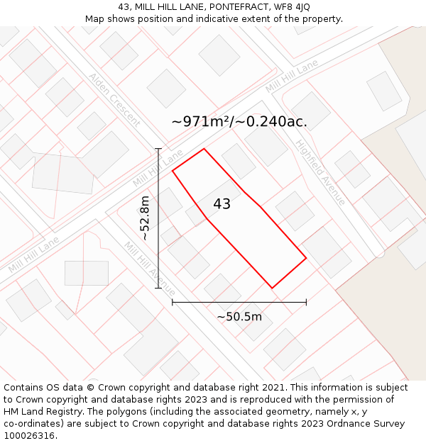 43, MILL HILL LANE, PONTEFRACT, WF8 4JQ: Plot and title map