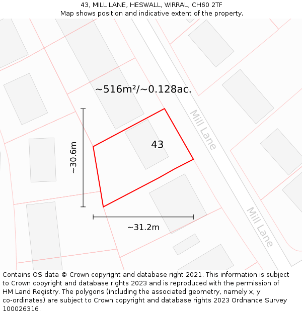 43, MILL LANE, HESWALL, WIRRAL, CH60 2TF: Plot and title map