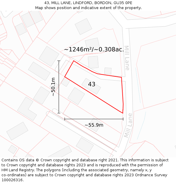 43, MILL LANE, LINDFORD, BORDON, GU35 0PE: Plot and title map