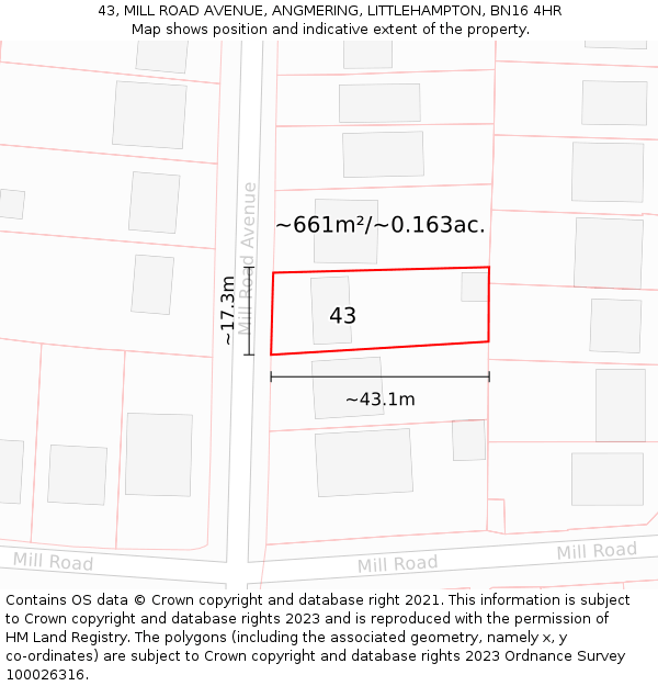 43, MILL ROAD AVENUE, ANGMERING, LITTLEHAMPTON, BN16 4HR: Plot and title map