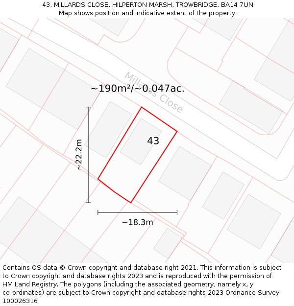43, MILLARDS CLOSE, HILPERTON MARSH, TROWBRIDGE, BA14 7UN: Plot and title map