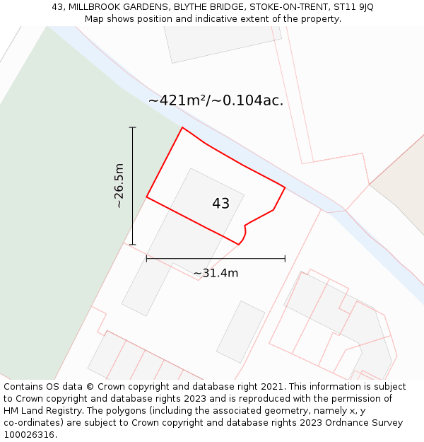 43, MILLBROOK GARDENS, BLYTHE BRIDGE, STOKE-ON-TRENT, ST11 9JQ: Plot and title map