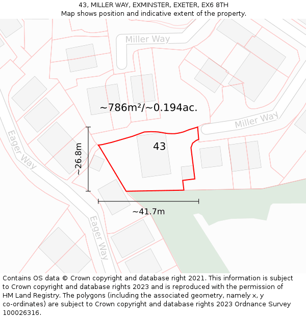 43, MILLER WAY, EXMINSTER, EXETER, EX6 8TH: Plot and title map