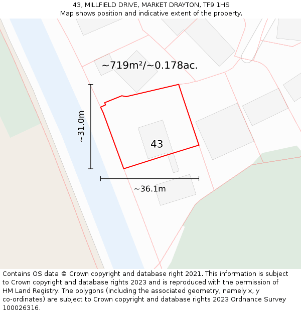 43, MILLFIELD DRIVE, MARKET DRAYTON, TF9 1HS: Plot and title map