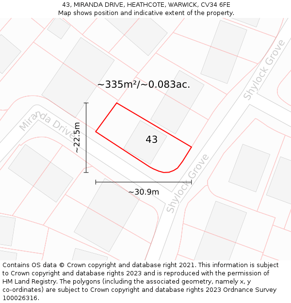 43, MIRANDA DRIVE, HEATHCOTE, WARWICK, CV34 6FE: Plot and title map