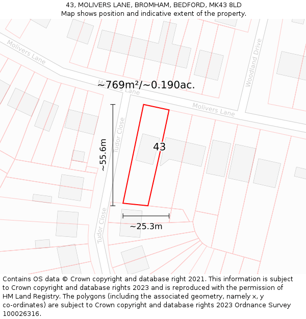43, MOLIVERS LANE, BROMHAM, BEDFORD, MK43 8LD: Plot and title map