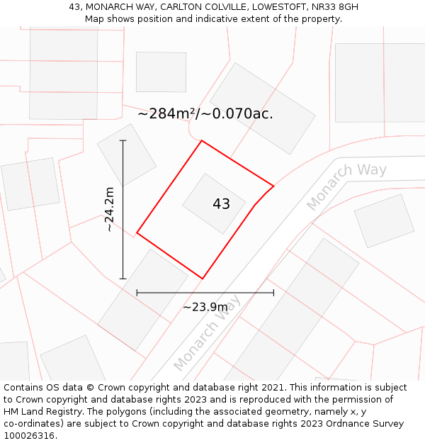 43, MONARCH WAY, CARLTON COLVILLE, LOWESTOFT, NR33 8GH: Plot and title map