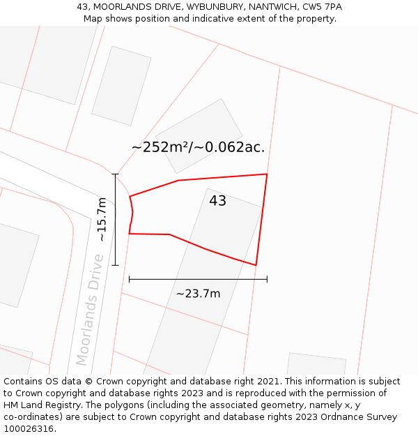 43, MOORLANDS DRIVE, WYBUNBURY, NANTWICH, CW5 7PA: Plot and title map