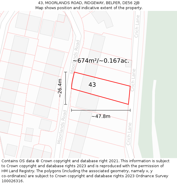 43, MOORLANDS ROAD, RIDGEWAY, BELPER, DE56 2JB: Plot and title map