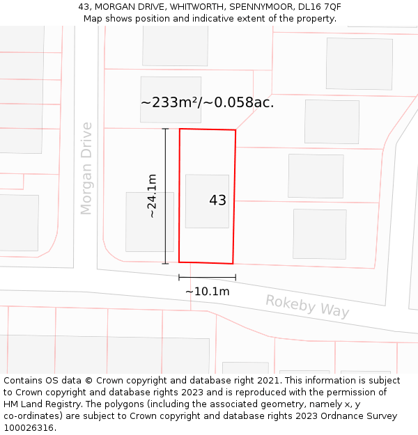 43, MORGAN DRIVE, WHITWORTH, SPENNYMOOR, DL16 7QF: Plot and title map