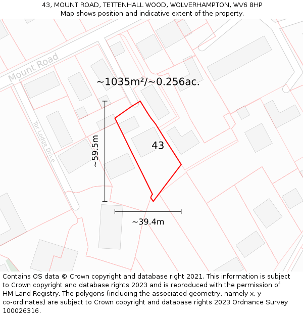 43, MOUNT ROAD, TETTENHALL WOOD, WOLVERHAMPTON, WV6 8HP: Plot and title map