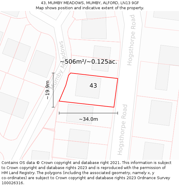 43, MUMBY MEADOWS, MUMBY, ALFORD, LN13 9GF: Plot and title map