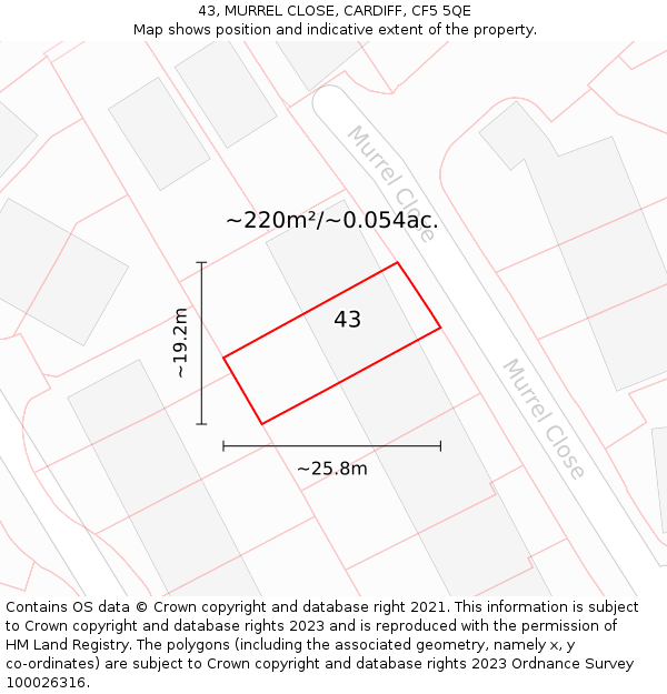 43, MURREL CLOSE, CARDIFF, CF5 5QE: Plot and title map