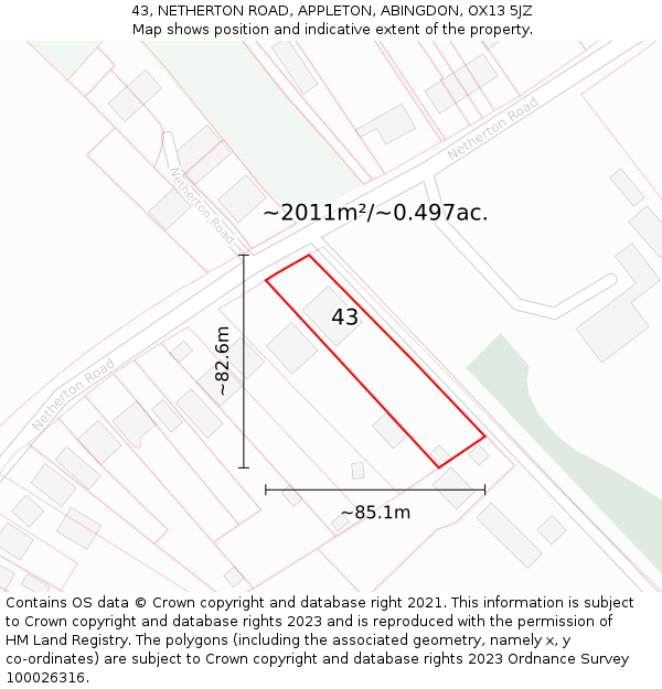 43, NETHERTON ROAD, APPLETON, ABINGDON, OX13 5JZ: Plot and title map