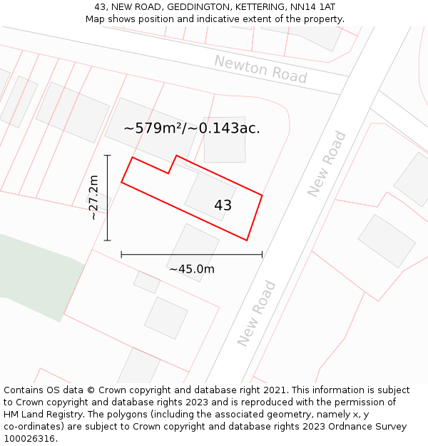 43, NEW ROAD, GEDDINGTON, KETTERING, NN14 1AT: Plot and title map