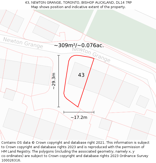 43, NEWTON GRANGE, TORONTO, BISHOP AUCKLAND, DL14 7RP: Plot and title map