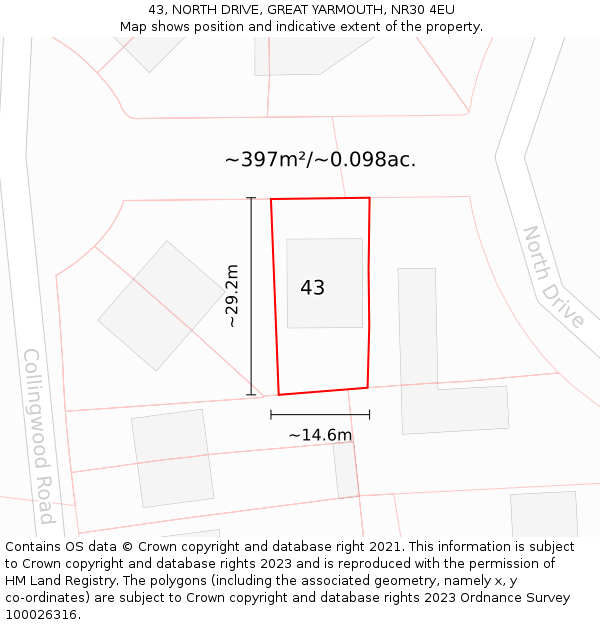 43, NORTH DRIVE, GREAT YARMOUTH, NR30 4EU: Plot and title map
