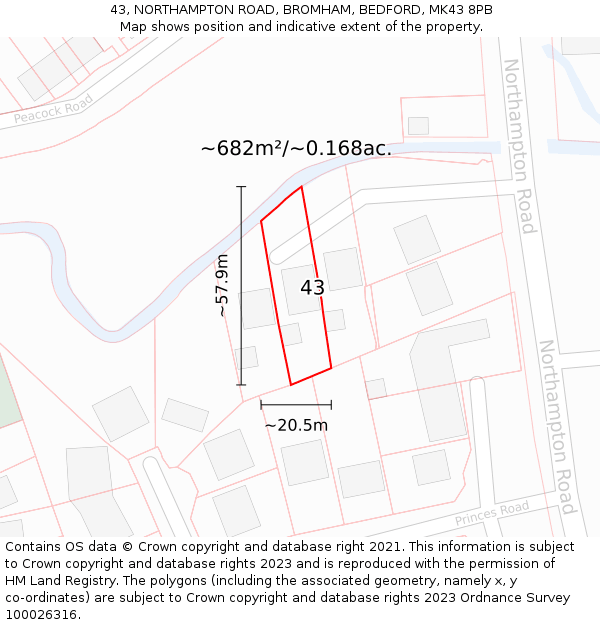 43, NORTHAMPTON ROAD, BROMHAM, BEDFORD, MK43 8PB: Plot and title map