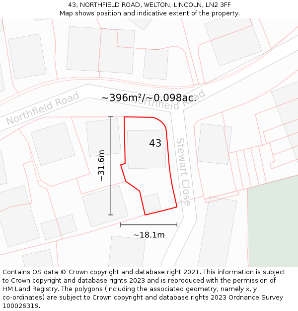 43, NORTHFIELD ROAD, WELTON, LINCOLN, LN2 3FF: Plot and title map