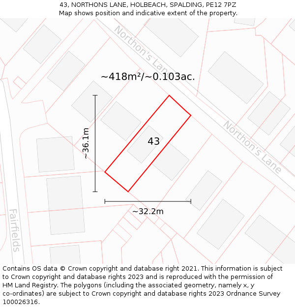 43, NORTHONS LANE, HOLBEACH, SPALDING, PE12 7PZ: Plot and title map