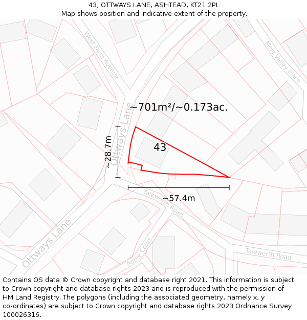 43, OTTWAYS LANE, ASHTEAD, KT21 2PL: Plot and title map