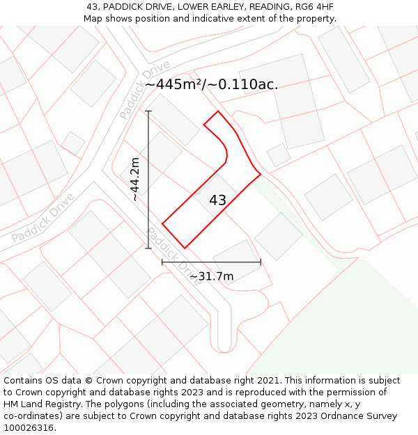 43, PADDICK DRIVE, LOWER EARLEY, READING, RG6 4HF: Plot and title map