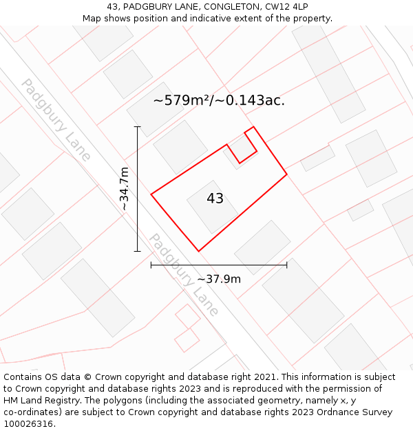 43, PADGBURY LANE, CONGLETON, CW12 4LP: Plot and title map